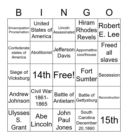 Civil War and Reconstruction Bingo Card