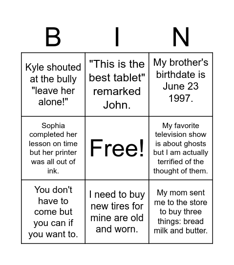 Commas Bingo Card