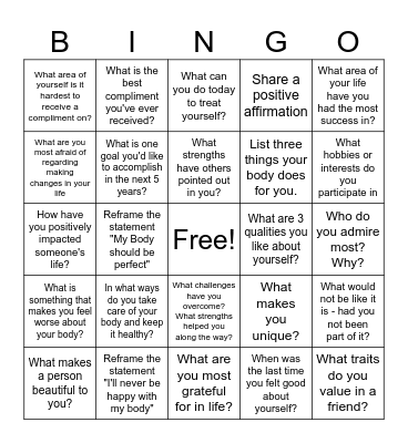 Self Love Bingo Card