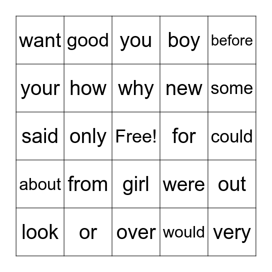 Heart Word Bingo Card