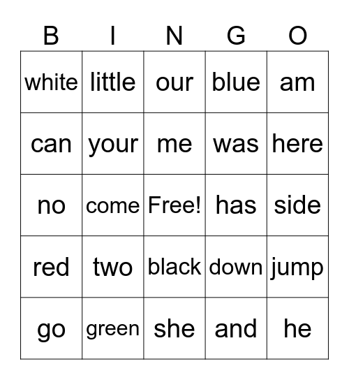 Sight word Bingo Card