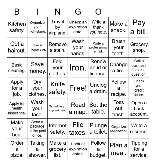 Life Skills Bingo Card