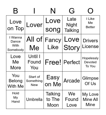 Love Song Bingo Card