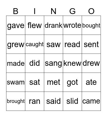 Irregular Verbs Bingo Card