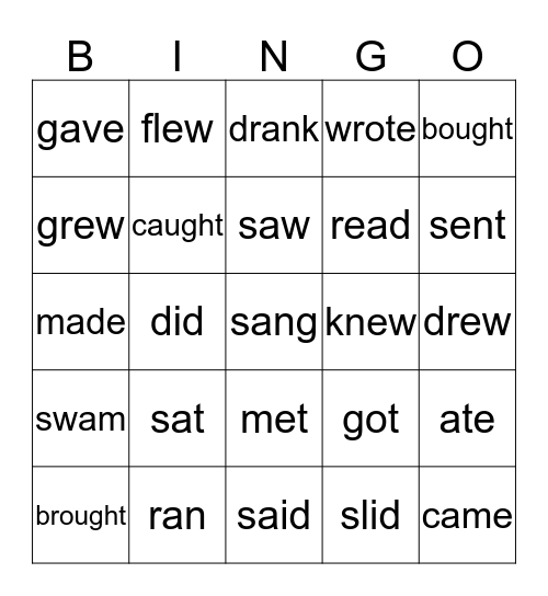 Irregular Verbs Bingo Card