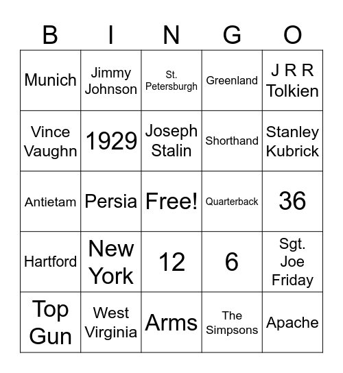 Trivia #5 Bingo Card