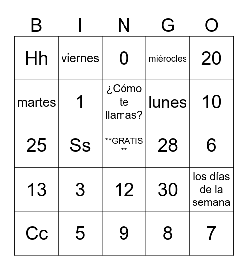 Grade 6-- los números, el alfabeto, los días Bingo Card
