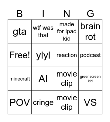 YoutubeShorts Bingo Card