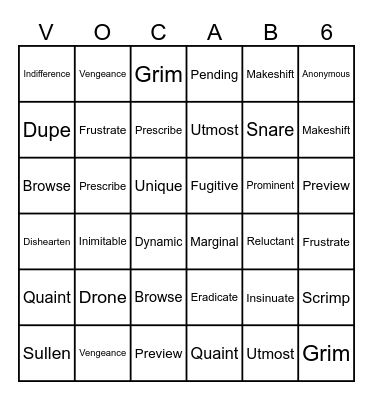 Unit 6 Vocabulary Bingo Card