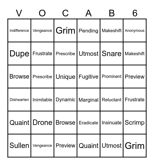 Unit 6 Vocabulary Bingo Card