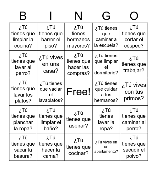 Los quehaceres Bingo Card