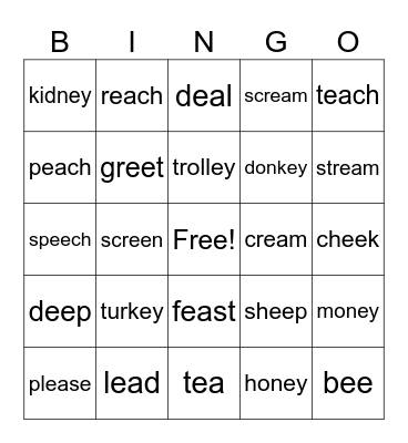 Ee, ea, -ey Bingo Card