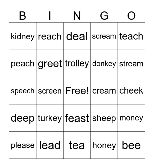 Ee, ea, -ey Bingo Card