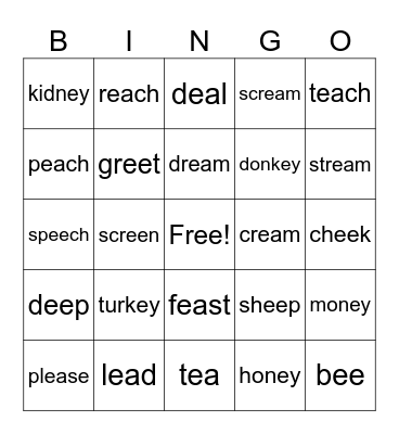 Ee, ea, -ey Bingo Card