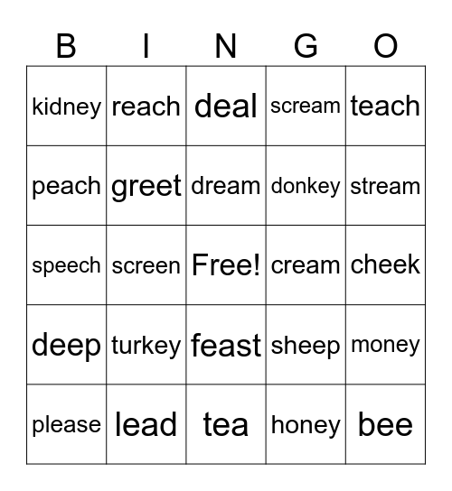 Ee, ea, -ey Bingo Card