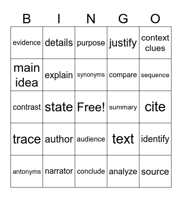 Academic Vocabulary Bingo Card