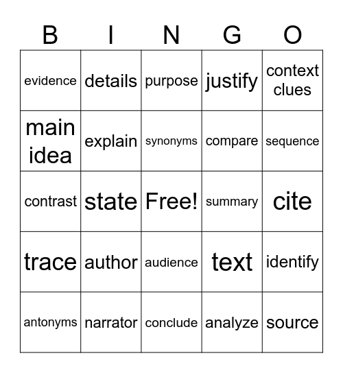 Academic Vocabulary Bingo Card