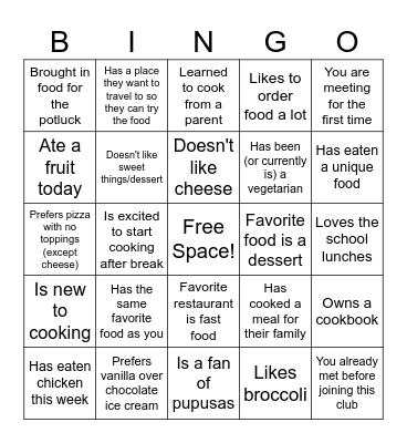 Culinary Bingo! Bingo Card