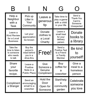 Random Acts of Kindness Bingo Card