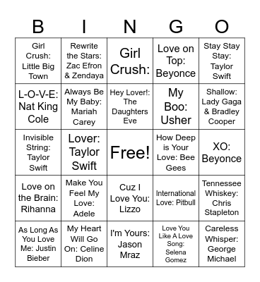 Love Song Music Bingo Card