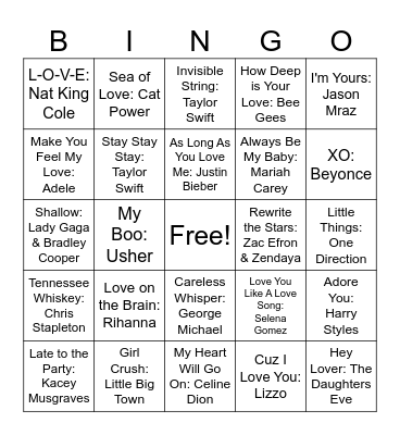 Love Song Music Bingo Card
