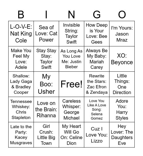 Love Song Music Bingo Card