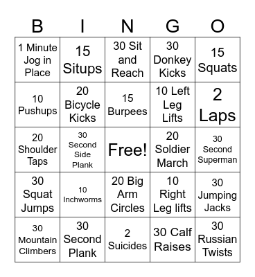 Fitness Bingo Card