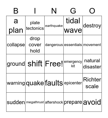 EARTHQUAKE VOCABULARY WORDS Bingo Card