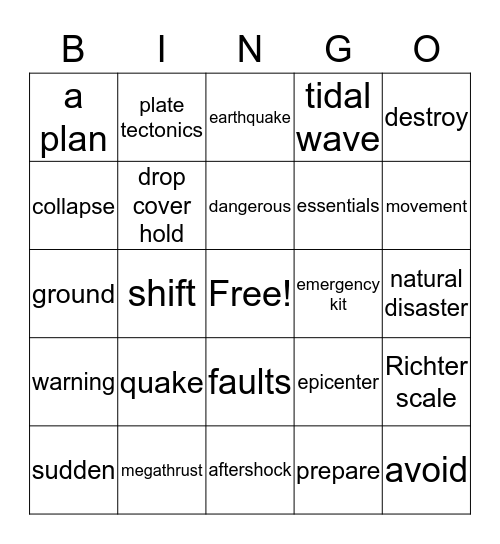 EARTHQUAKE VOCABULARY WORDS Bingo Card