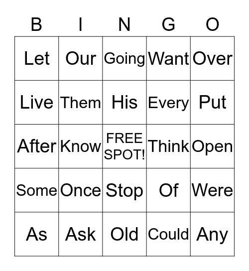 Site Words Fun!! Bingo Card