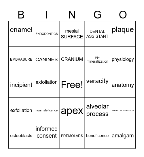 Dental Assisting Bingo Card