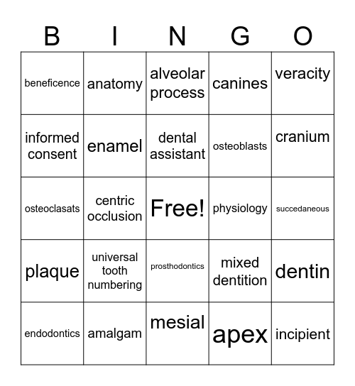 Dental Assisting Bingo Card