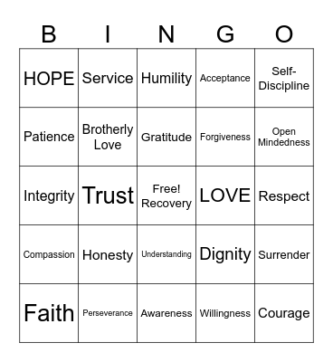 Spiritual Principles Bingo Card