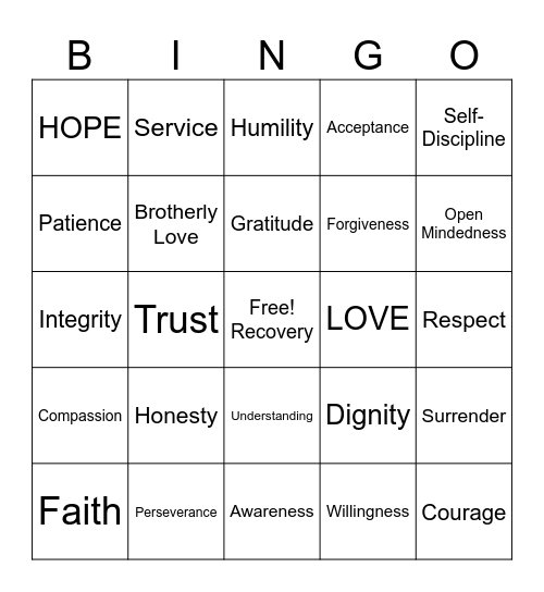 Spiritual Principles Bingo Card