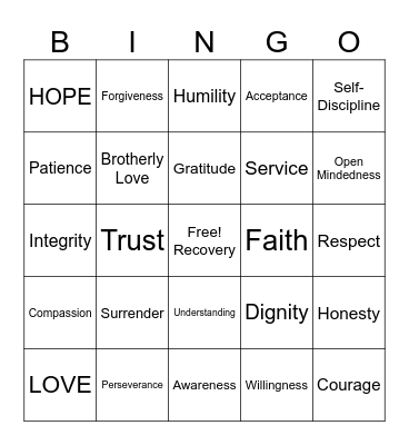Spiritual Principles Bingo Card