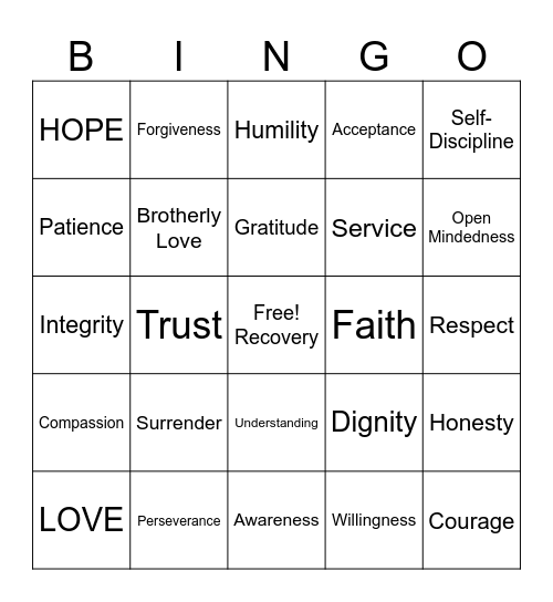 Spiritual Principles Bingo Card