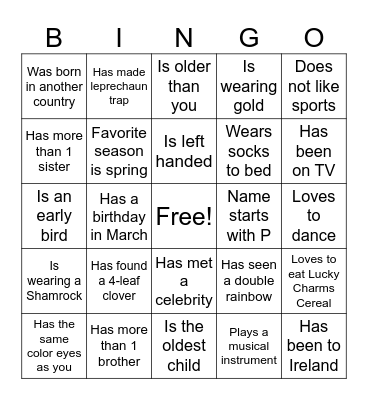 St. Patrick's Day Bingo Card