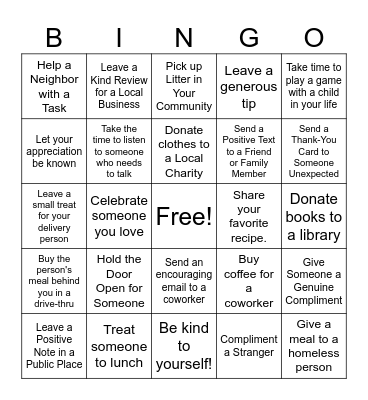 Random Acts of Kindness Bingo Card