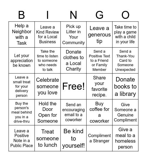 Random Acts of Kindness Bingo Card