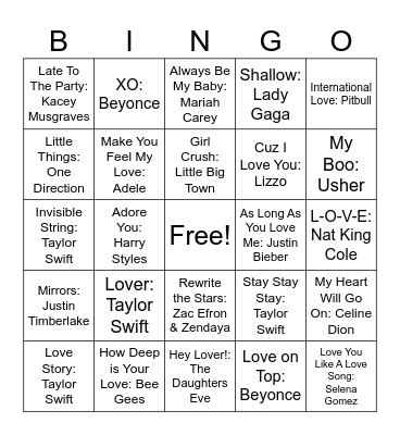 Love Song Music Bingo Card