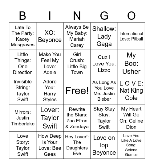 Love Song Music Bingo Card