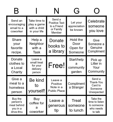 Random Acts of Kindness Bingo Card