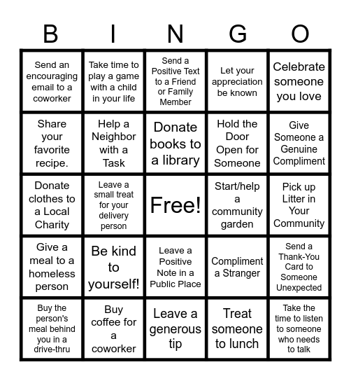 Random Acts of Kindness Bingo Card