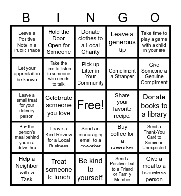 Random Acts of Kindness Bingo Card