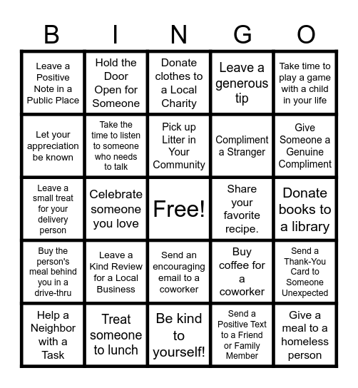 Random Acts of Kindness Bingo Card