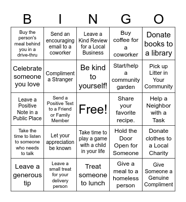 Random Acts of Kindness Bingo Card