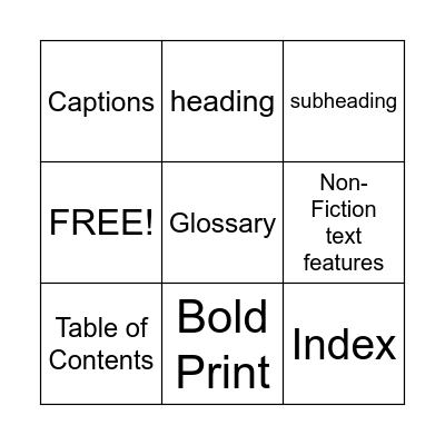 NON-FICTION TEXT FEATURES Bingo Card