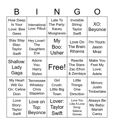 Love Song Music Bingo Card