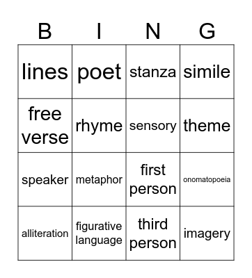 Poetry Bingo Card