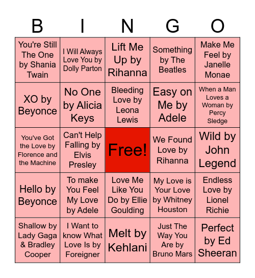 Valentine's Music Bingo Card